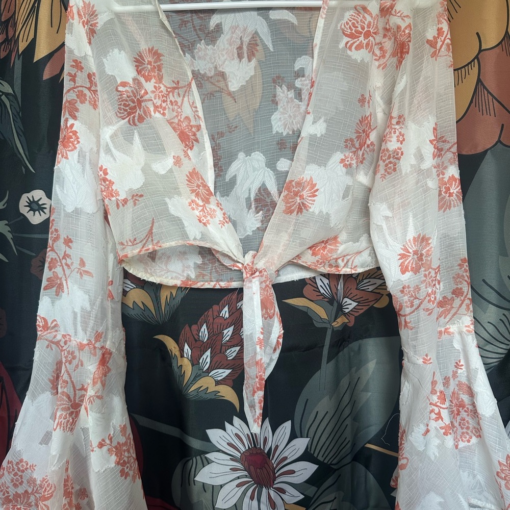 Sheer Floral Tie Front Crop Top Bell Sleeve Festival Coachella Stagecoach Season